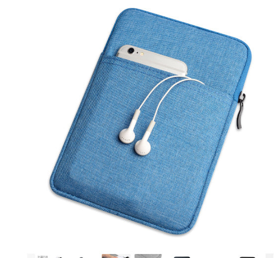 Blue fabric pouch with a phone and earphones on a white background