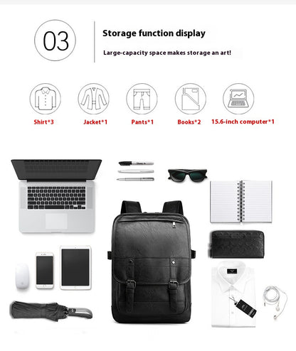 Black backpack with various items displayed on a white background, showcasing storage capacity.