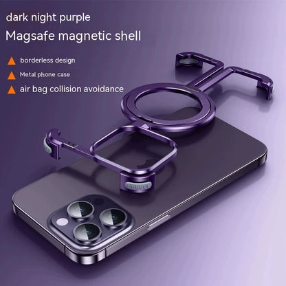 Dark night purple Magsafe magnetic shell on a phone with features listed.