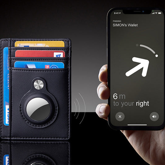 Black wallet with card slots and a phone showing a locating app.