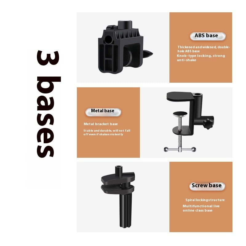Three types of bases: ABS, metal bracket, and screw base, with brief descriptions on a white background.