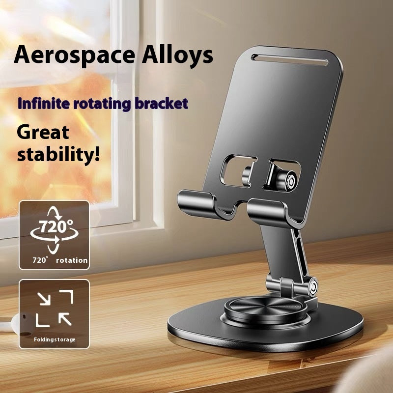 Phone holder with aerospace alloys and 720-degree rotation on a wooden surface.