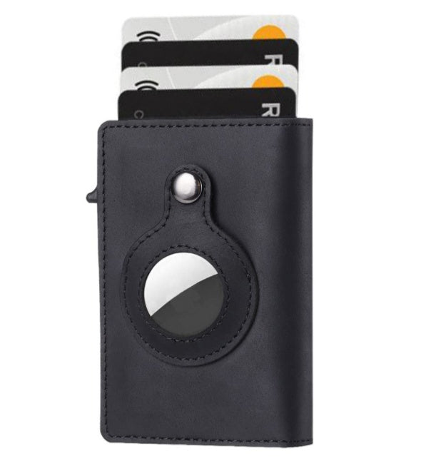 Black cardholder with a circular design holding several cards on a white background
