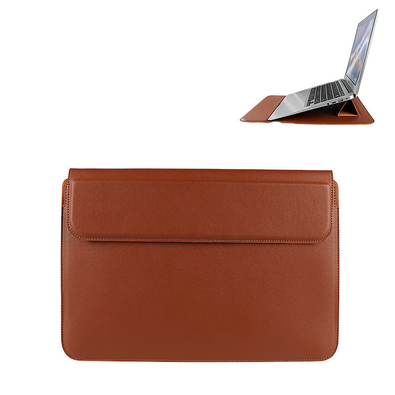 Brown laptop sleeve with a laptop partially visible on a white background