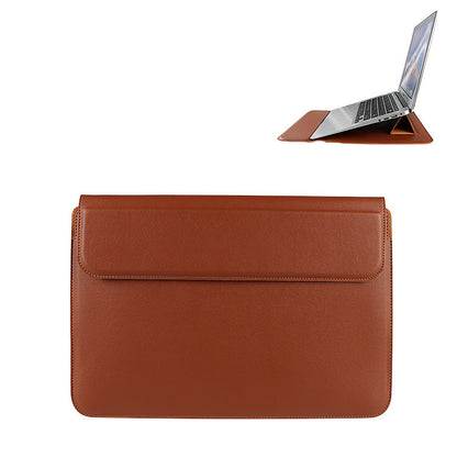 Brown laptop sleeve with a laptop partially visible on a white background