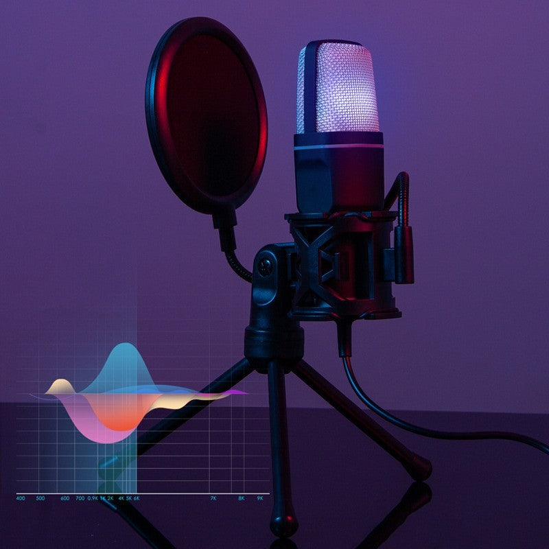 Microphone on a stand with a pop filter against a purple background