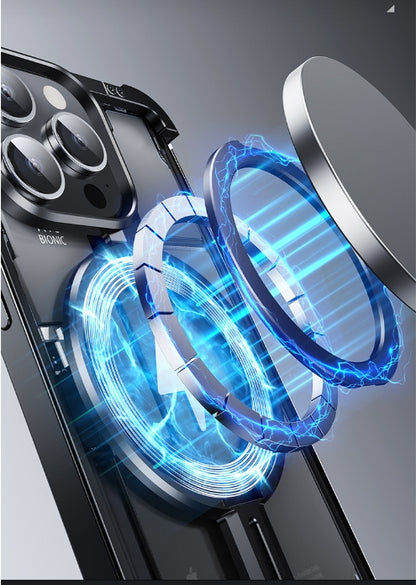 Close-up of a smartphone with a transparent back cover displaying blue glowing rings.