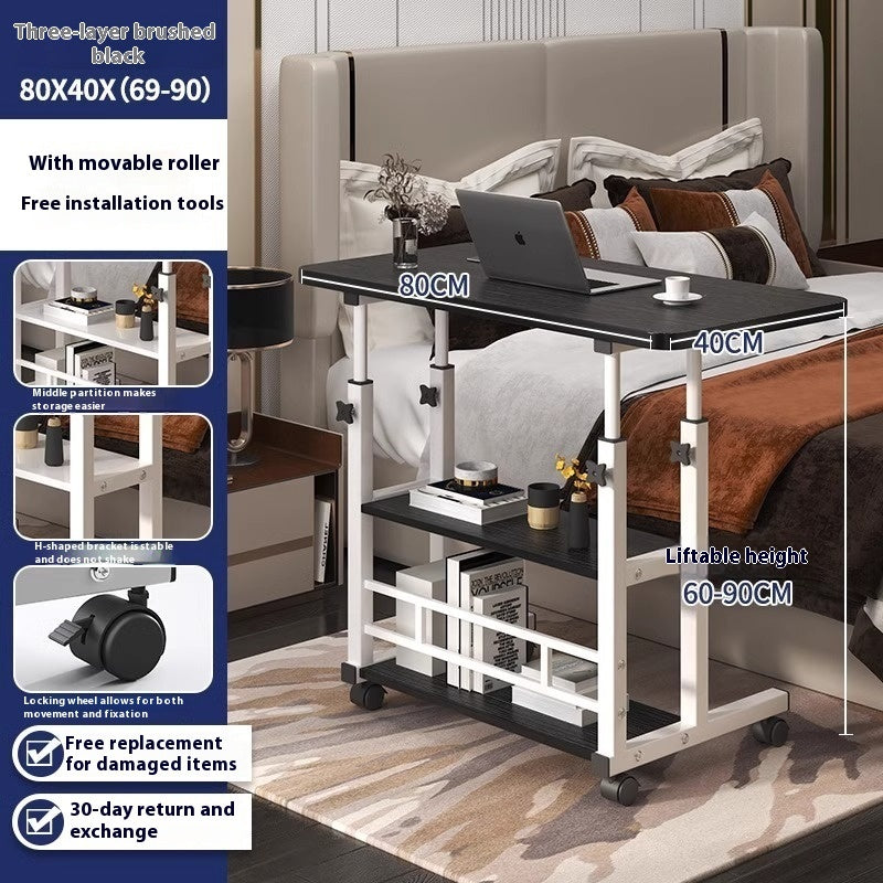 Portable bed side table with movable roller and adjustable height in a bedroom setting.