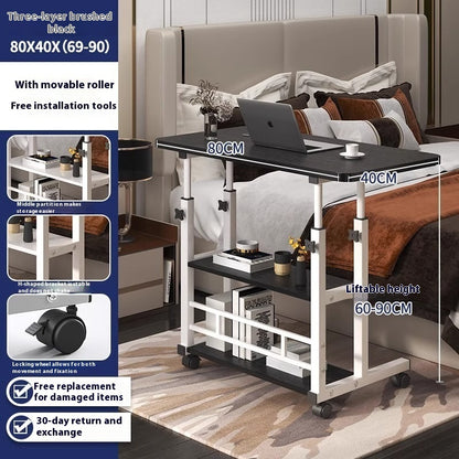 Portable bed side table with movable roller and adjustable height in a bedroom setting.