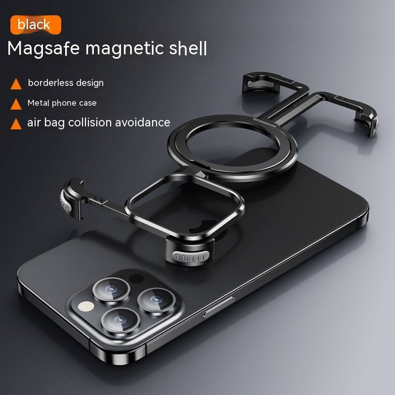 Black Magsafe magnetic shell on a phone with features listed
