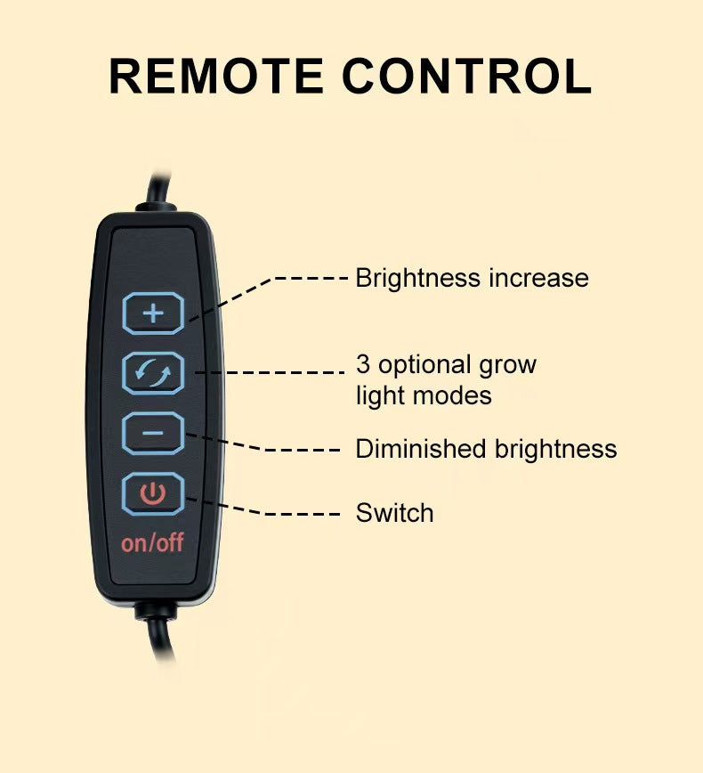 Remote control with labeled buttons for brightness increase, grow light modes, and switch on/off on a beige background.