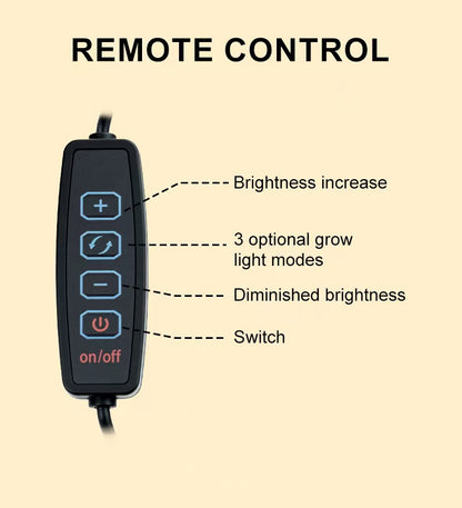 Remote control with labeled buttons for brightness increase, grow light modes, and switch on/off on a beige background.