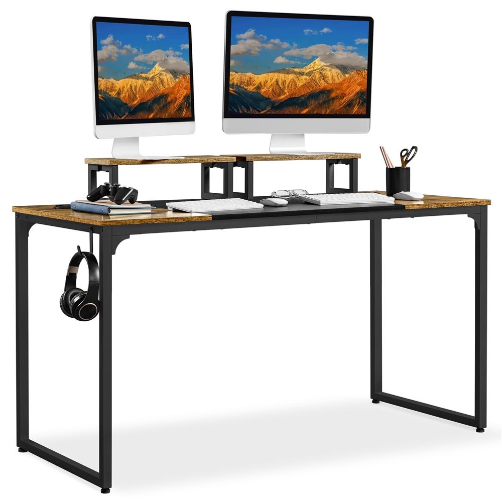 costoffs multifunctional computer desk, study table with storage, 140 x 60 x 89 cm, vintage and industrial style, mobile office workstation with 2 shelves in wood and metal