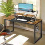 costoffs multifunctional computer desk, study table with storage, 140 x 60 x 89 cm, vintage and industrial style, mobile office workstation with 2 shelves in wood and metal