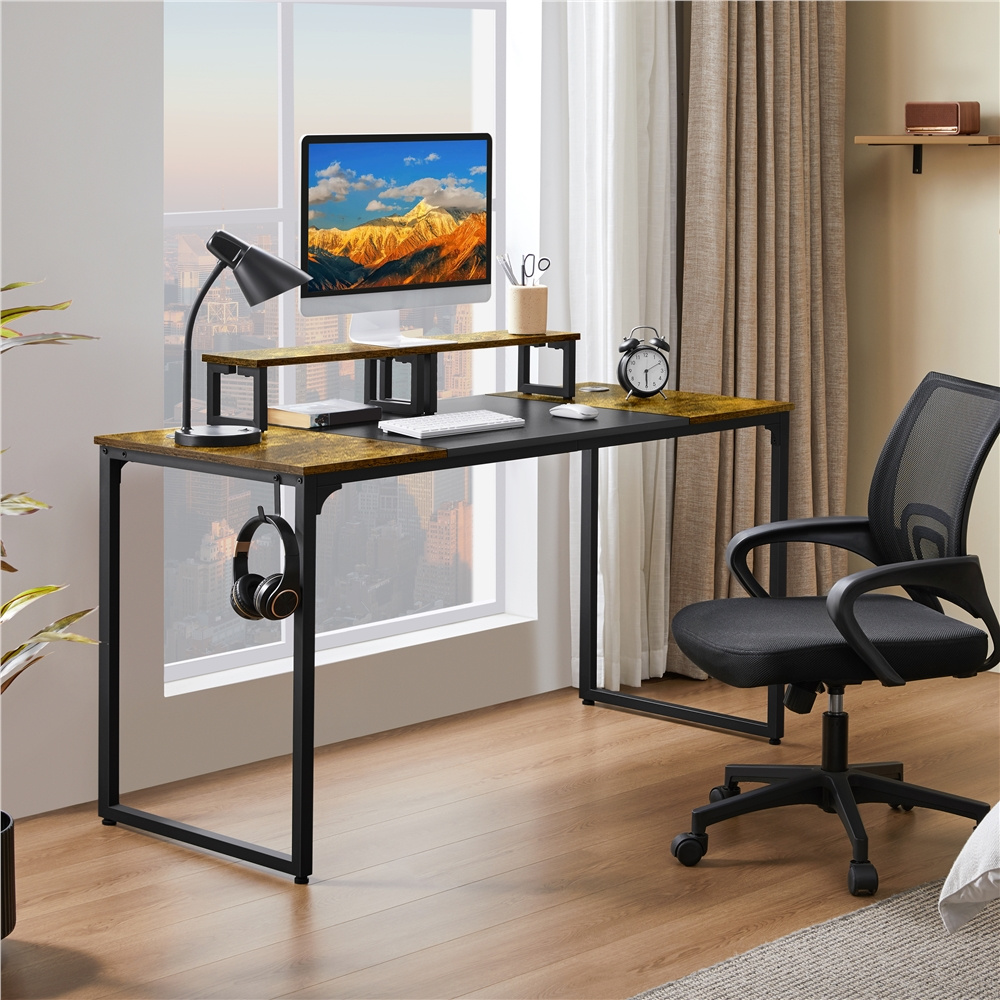 costoffs multifunctional computer desk, study table with storage, 140 x 60 x 89 cm, vintage and industrial style, mobile office workstation with 2 shelves in wood and metal