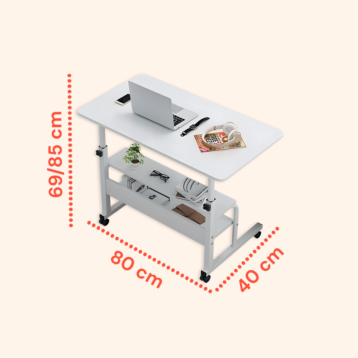 adjustable mobile desk – iron frame with mdf top, 80×40 cm