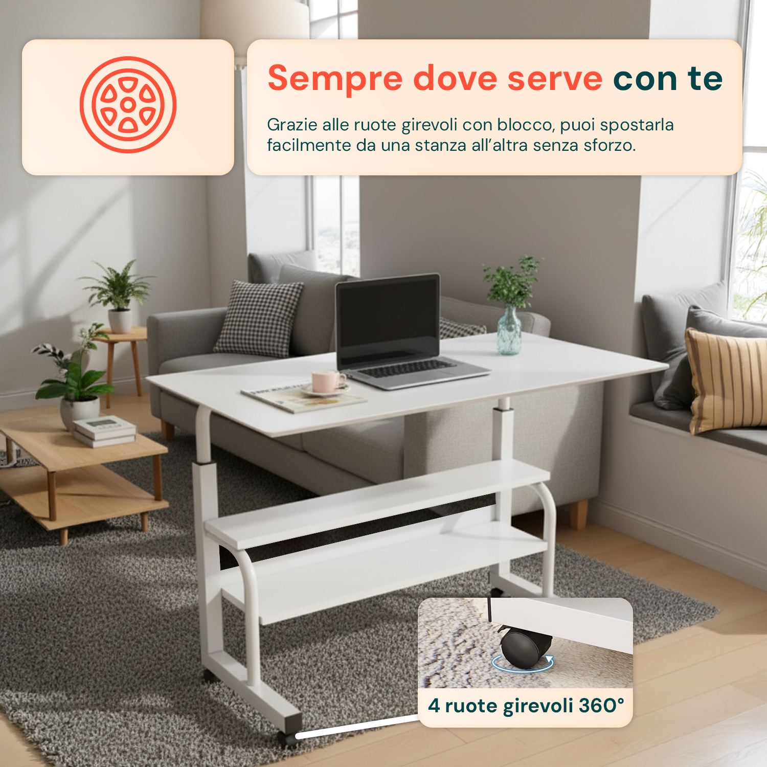 adjustable mobile desk – iron frame with mdf top, 80×40 cm