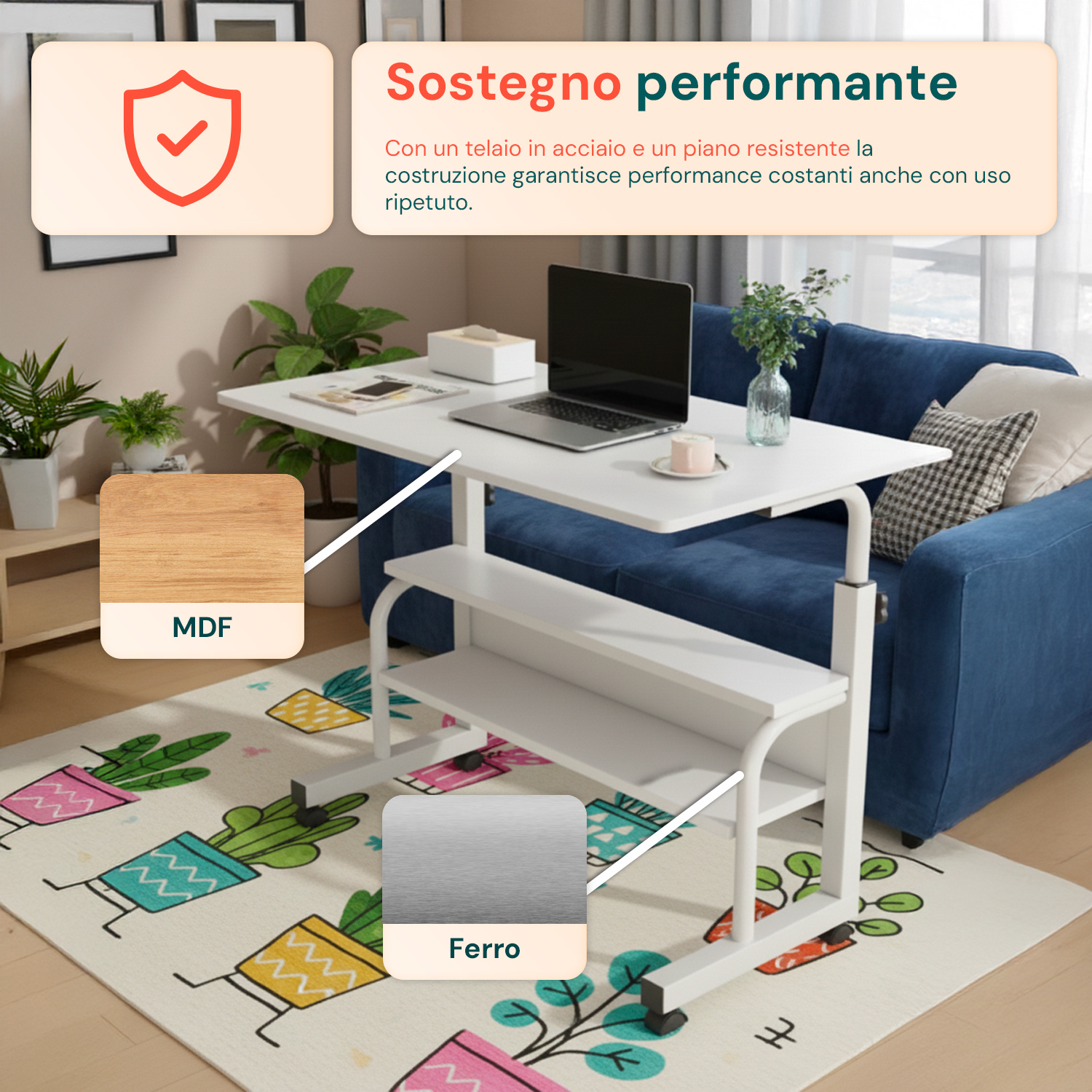 adjustable mobile desk – iron frame with mdf top, 80×40 cm