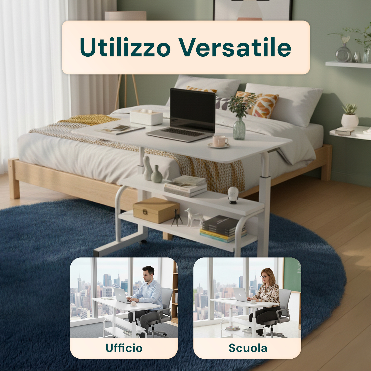 adjustable mobile desk – iron frame with mdf top, 80×40 cm