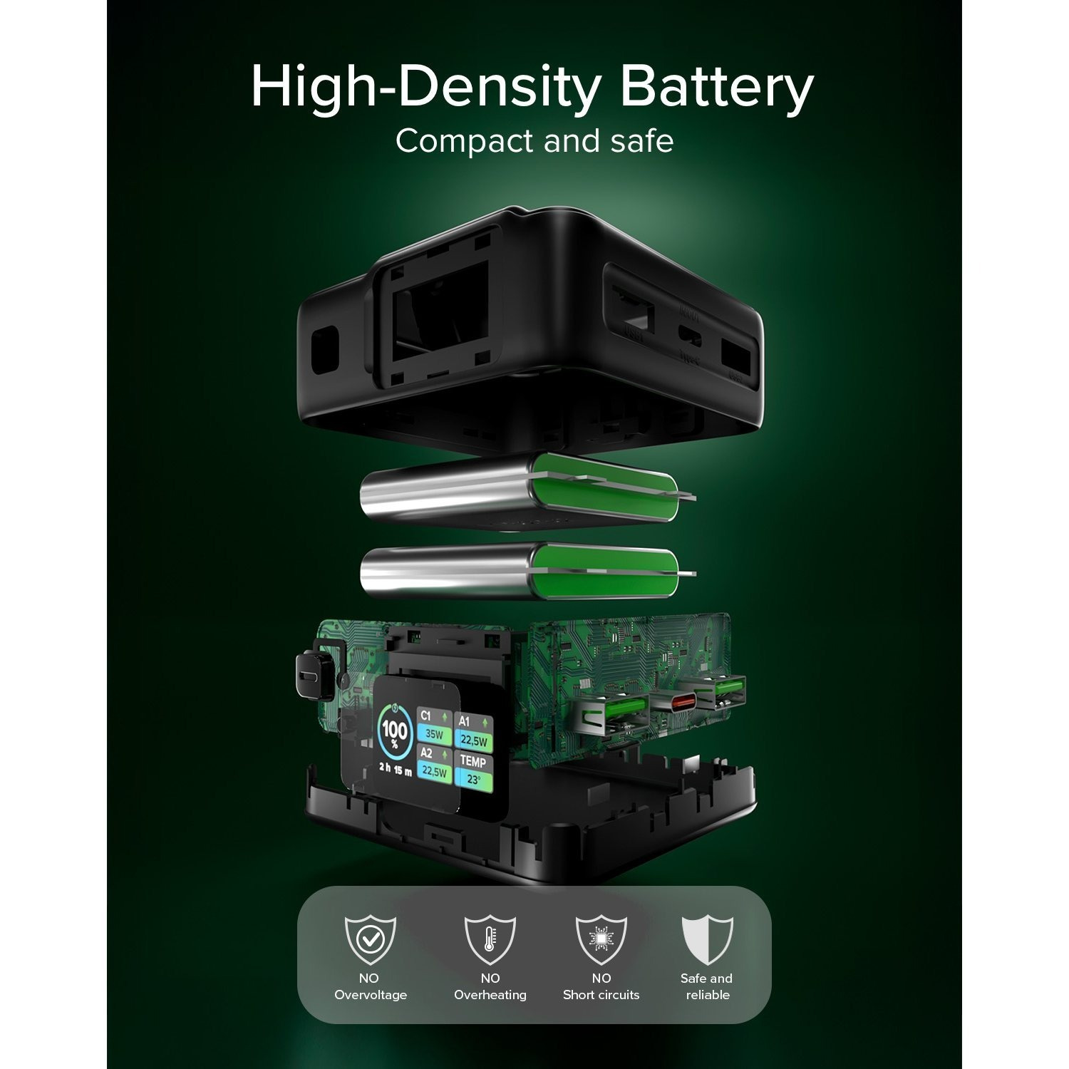 pulse power hd 35w, 10000mah, power delivery (pd 3.0 pps), afc, fast charging power bank, high density, ai lcd display, usb c, usb a, compact travel charger, black
