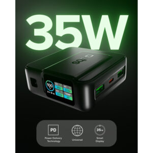 pulse power hd 35w, 10000mah, power delivery (pd 3.0 pps), afc, fast charging power bank, high density, ai lcd display, usb c, usb a, compact travel charger, black
