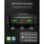 pulse power hd 35w, 10000mah, power delivery (pd 3.0 pps), afc, fast charging power bank, high density, ai lcd display, usb c, usb a, compact travel charger, black