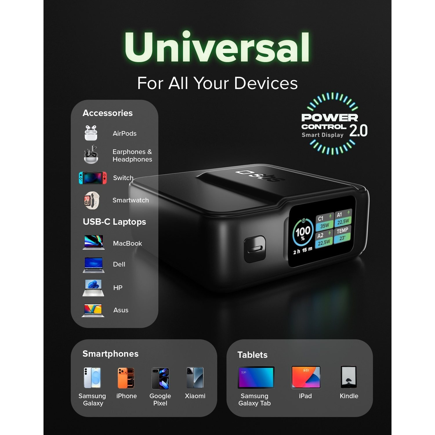 pulse power hd 35w, 10000mah, power delivery (pd 3.0 pps), afc, fast charging power bank, high density, ai lcd display, usb c, usb a, compact travel charger, black