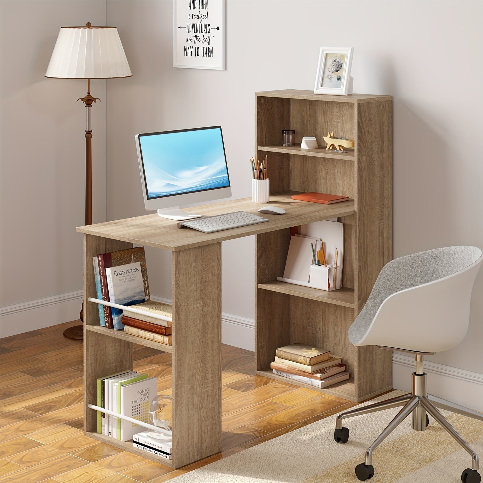 120 cm desk with shelf, computer desk with shelf, desk with shelf, desk with shelf, 122 x 55 x 120 cm, light wood