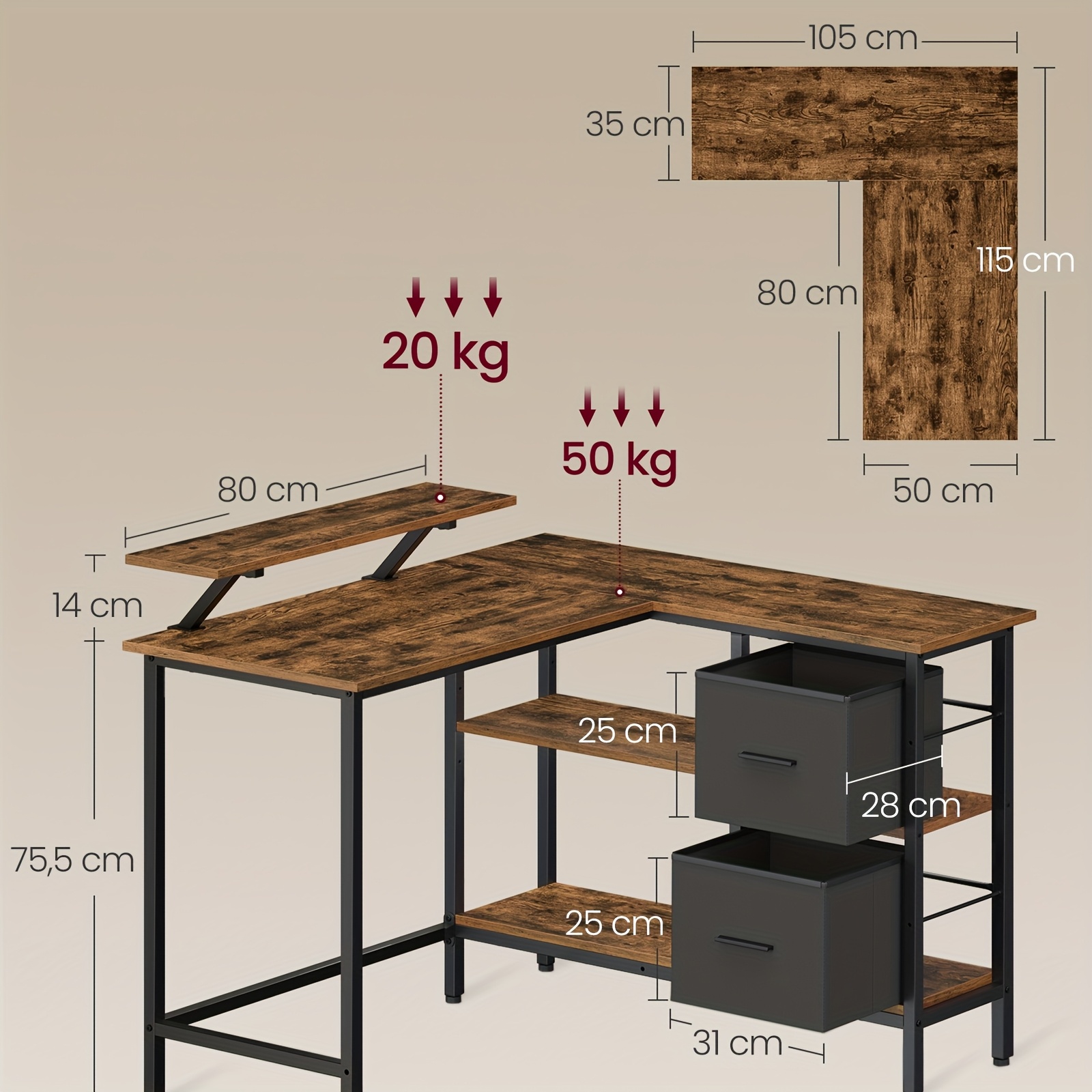 l shaped desk with 2 spacious drawers, gaming desk with monitor stand, corner desk, computer desk with adjustable storage shelf, for home office