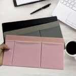 high end lycra fabric + faux leather mouse storage bag, featuring three pockets that can hold two mice, a capacitive stylus, and other electronic pens. this self adhesive multifunctional storage pouch is suitable for various computers, ipads