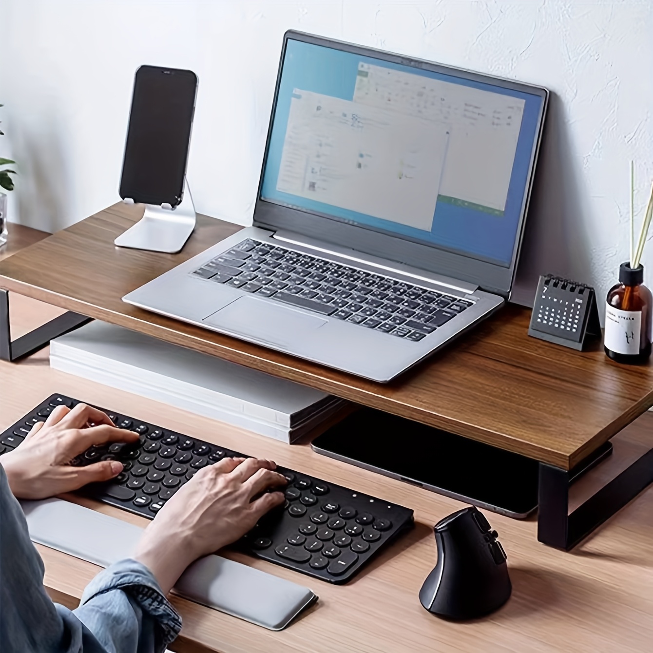 diy office computer monitor riser with desktop keyboard organizer and storage shelf set