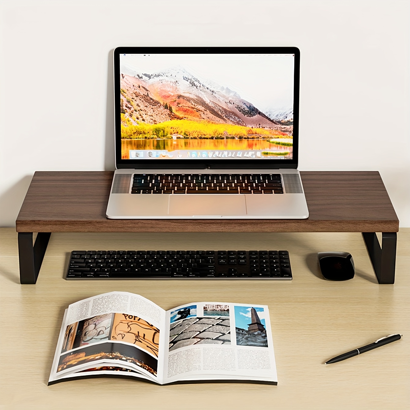 diy office computer monitor riser with desktop keyboard organizer and storage shelf set