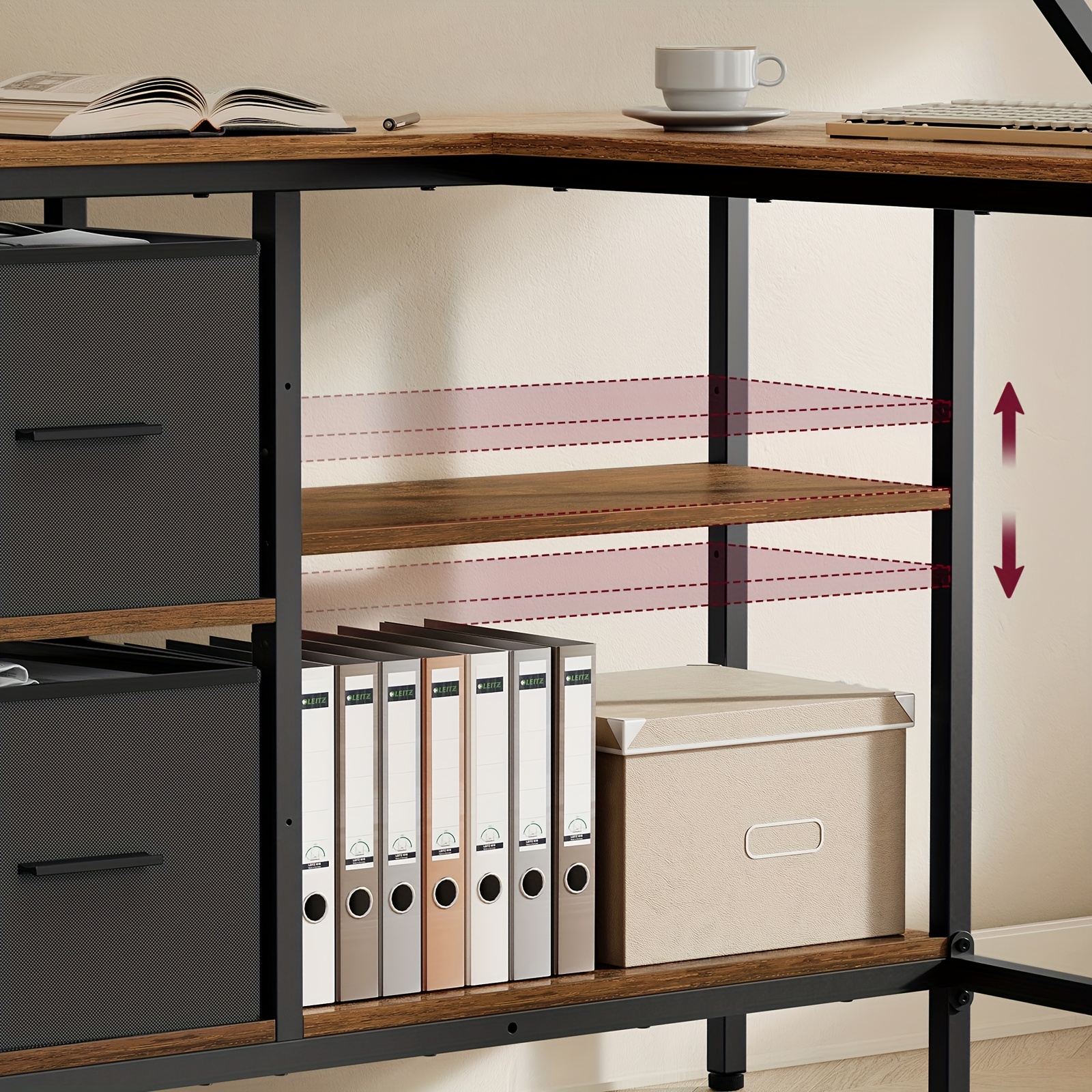 l shaped desk with 2 spacious drawers, gaming desk with monitor stand, corner desk, computer desk with adjustable storage shelf, for home office
