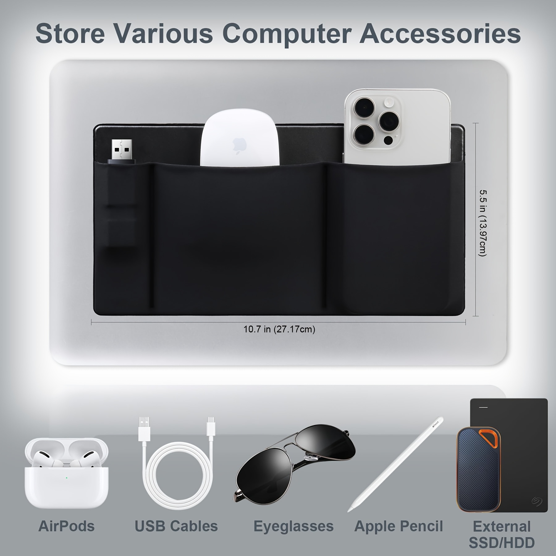 high end lycra fabric + faux leather mouse storage bag, featuring three pockets that can hold two mice, a capacitive stylus, and other electronic pens. this self adhesive multifunctional storage pouch is suitable for various computers, ipads