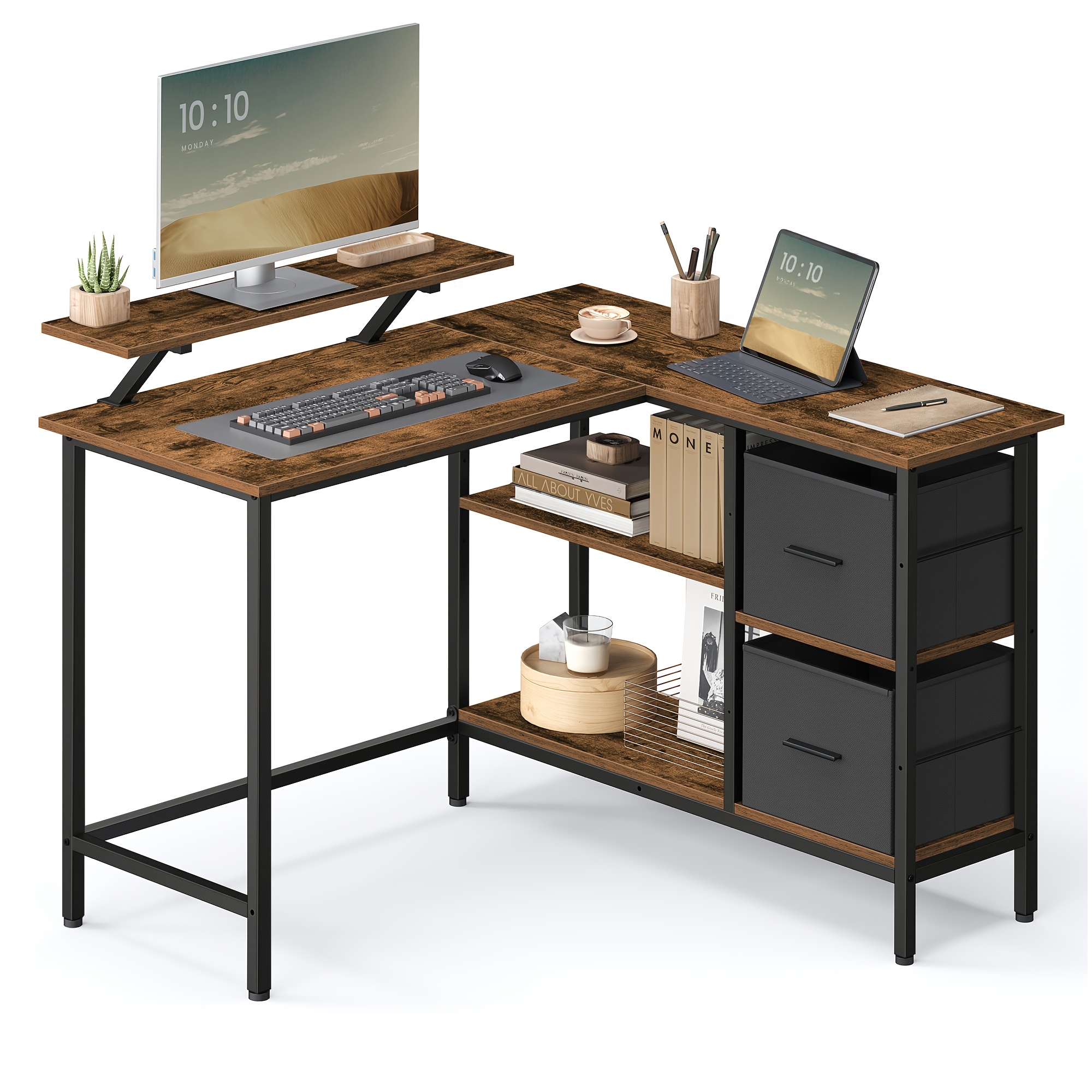 l shaped desk with 2 spacious drawers, gaming desk with monitor stand, corner desk, computer desk with adjustable storage shelf, for home office
