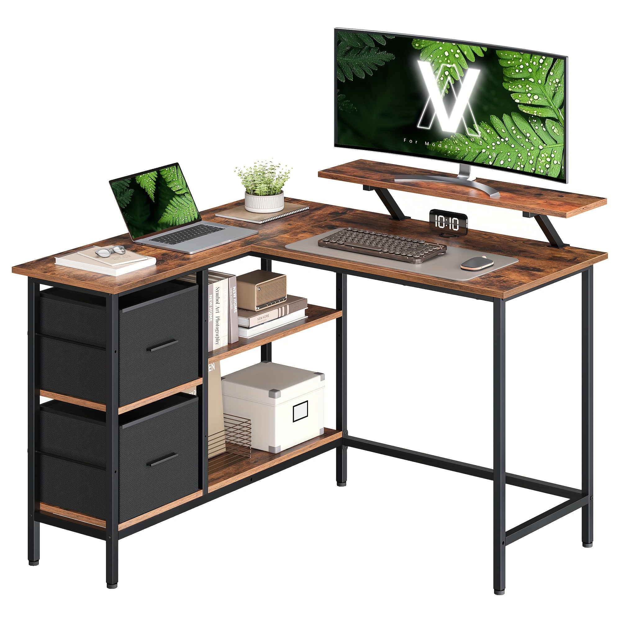 l shaped desk with 2 spacious drawers, gaming desk with monitor stand, corner desk, computer desk with adjustable storage shelf, for home office