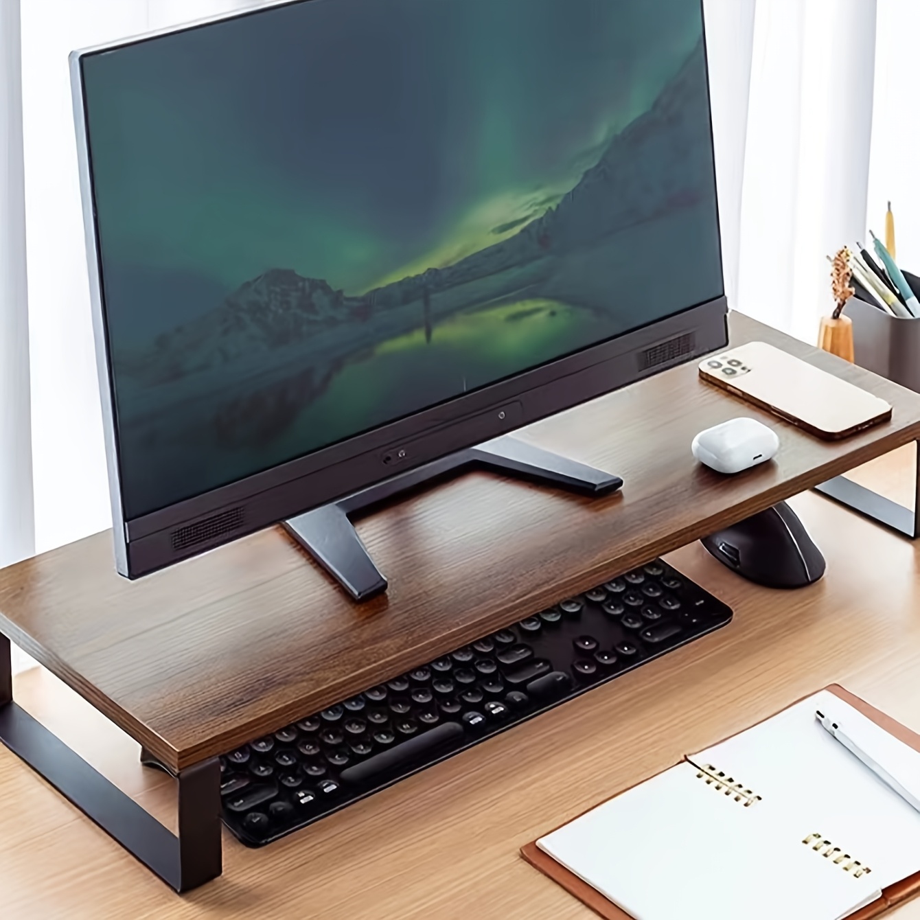 diy office computer monitor riser with desktop keyboard organizer and storage shelf set