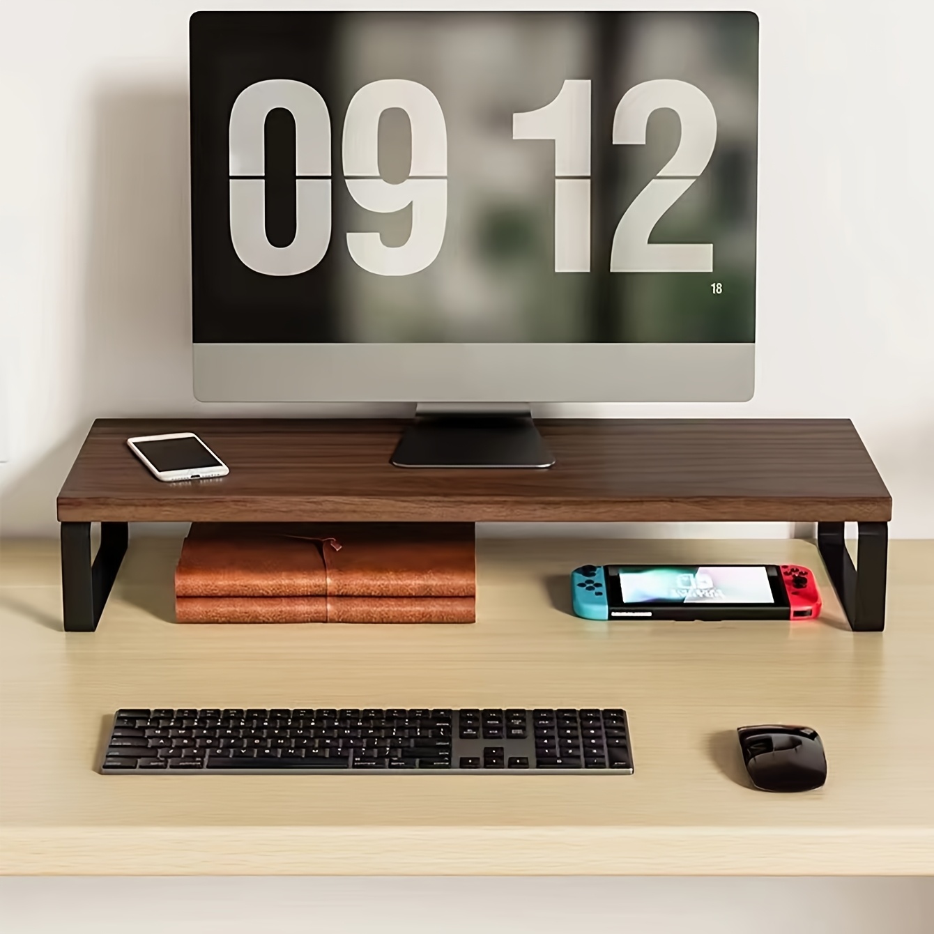 diy office computer monitor riser with desktop keyboard organizer and storage shelf set