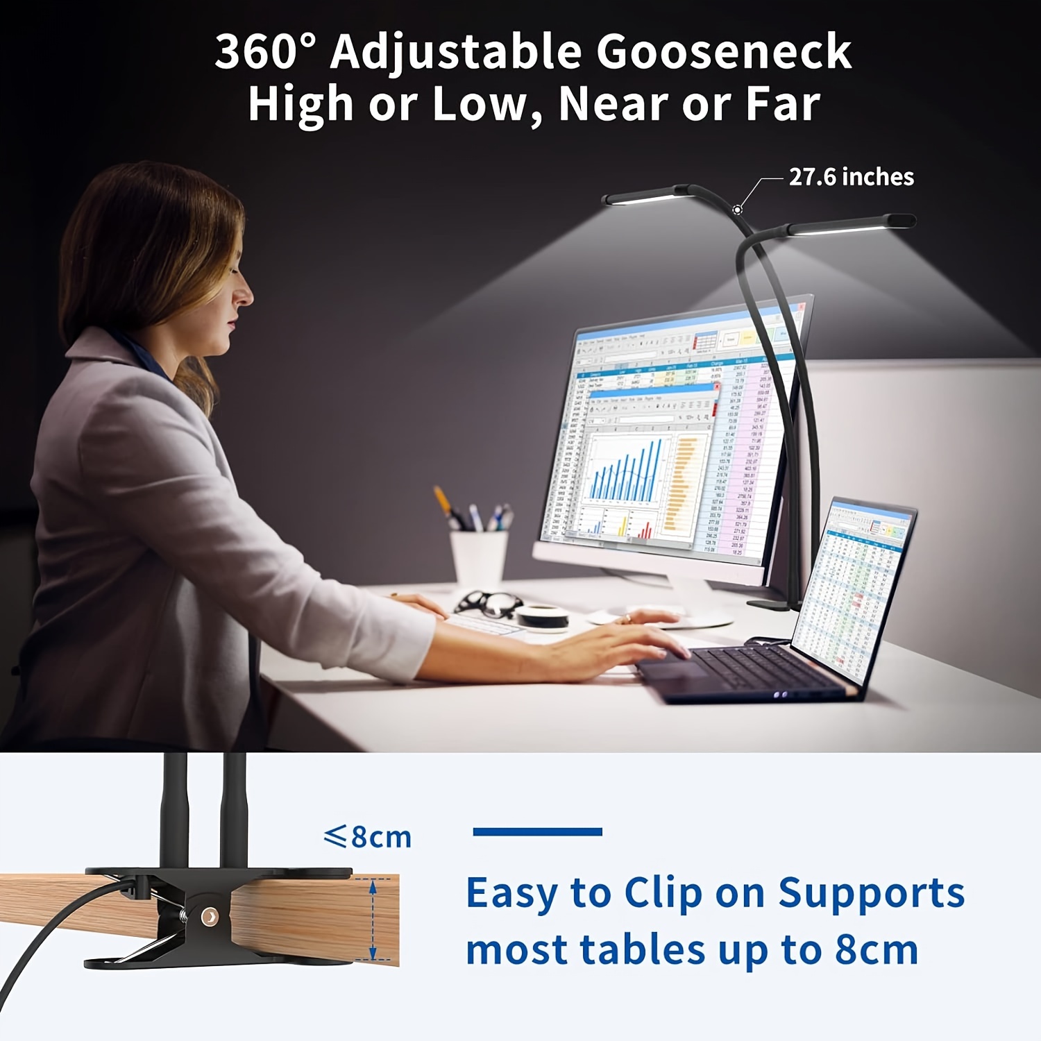 led dimmable clip desk lamp flexible gooseneck with swivel clamp easy clip on reading light led table lamp work lamp home office