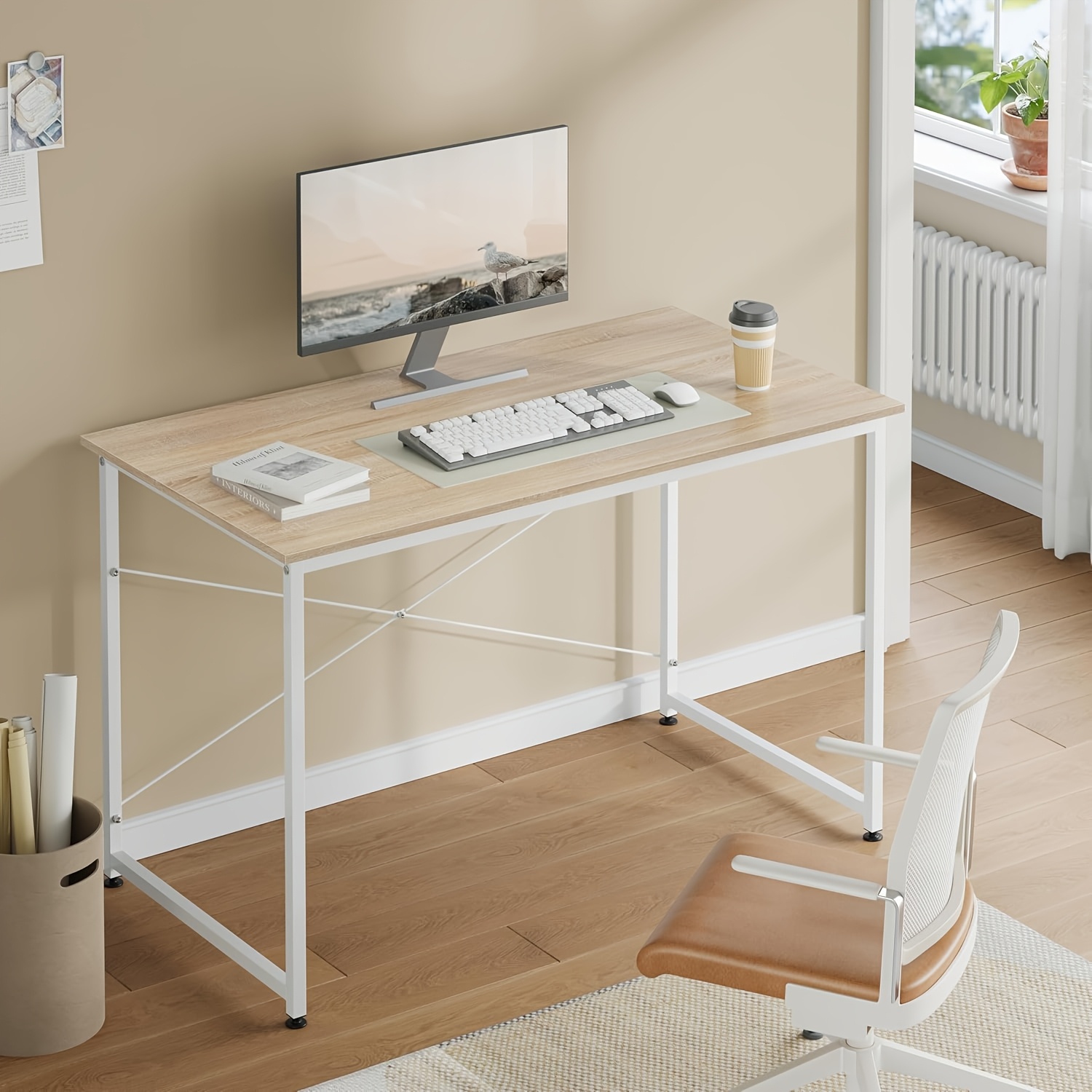 1pc desk, small computer desk, 100x50cm office desk, computer desk, metal frame, space saving, suitable for offices, home offices and studies, wood material, light oak