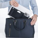 high end lycra fabric + faux leather mouse storage bag, featuring three pockets that can hold two mice, a capacitive stylus, and other electronic pens. this self adhesive multifunctional storage pouch is suitable for various computers, ipads
