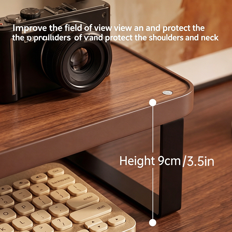 furniture grade l shaped corner monitor stand riser, steel wood composite stable load bearing structure, multi functional dual zone tiered storage system, ergonomic elevated viewing design, desktop space liberation solution, suitable for office