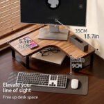 furniture grade l shaped corner monitor stand riser, steel wood composite stable load bearing structure, multi functional dual zone tiered storage system, ergonomic elevated viewing design, desktop space liberation solution, suitable for office