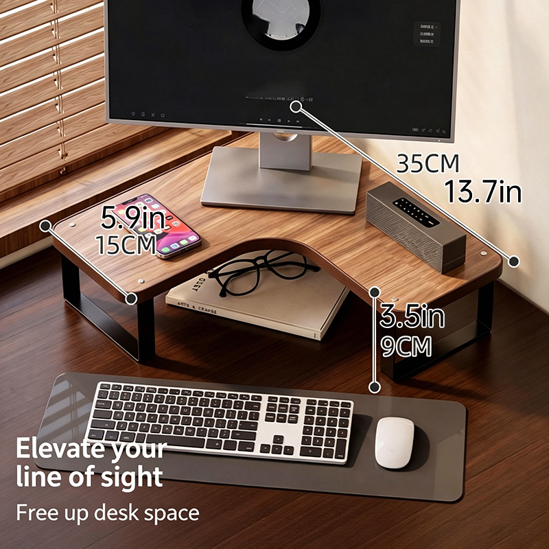 furniture grade l shaped corner monitor stand riser, steel wood composite stable load bearing structure, multi functional dual zone tiered storage system, ergonomic elevated viewing design, desktop space liberation solution, suitable for office