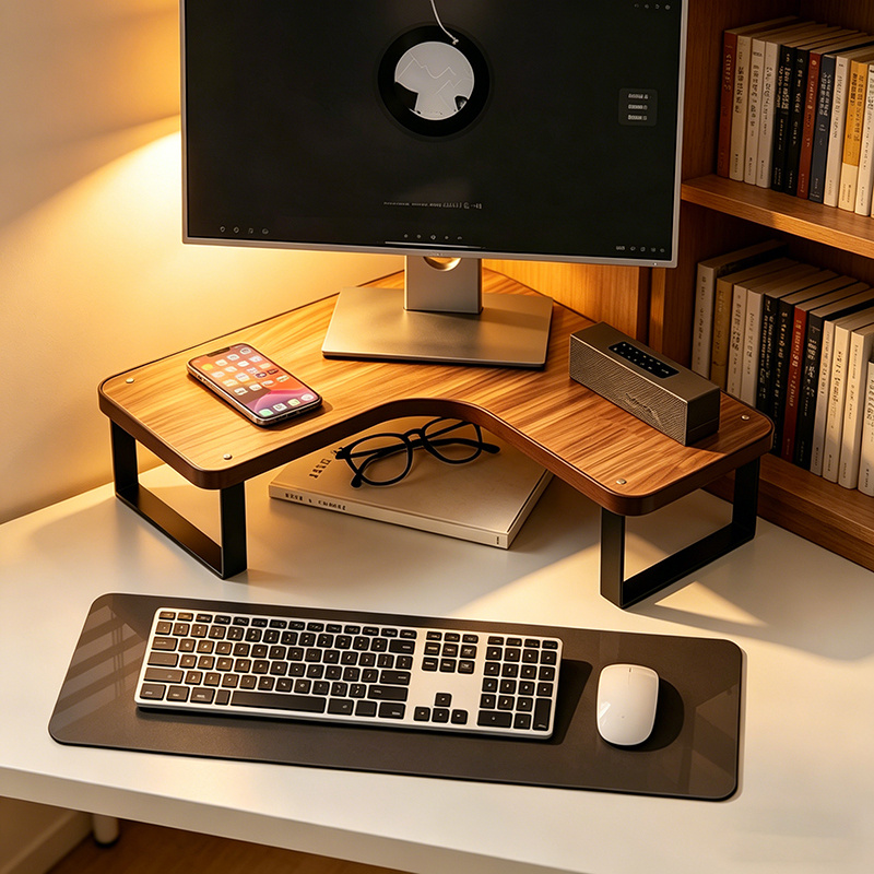 furniture grade l shaped corner monitor stand riser, steel wood composite stable load bearing structure, multi functional dual zone tiered storage system, ergonomic elevated viewing design, desktop space liberation solution, suitable for office