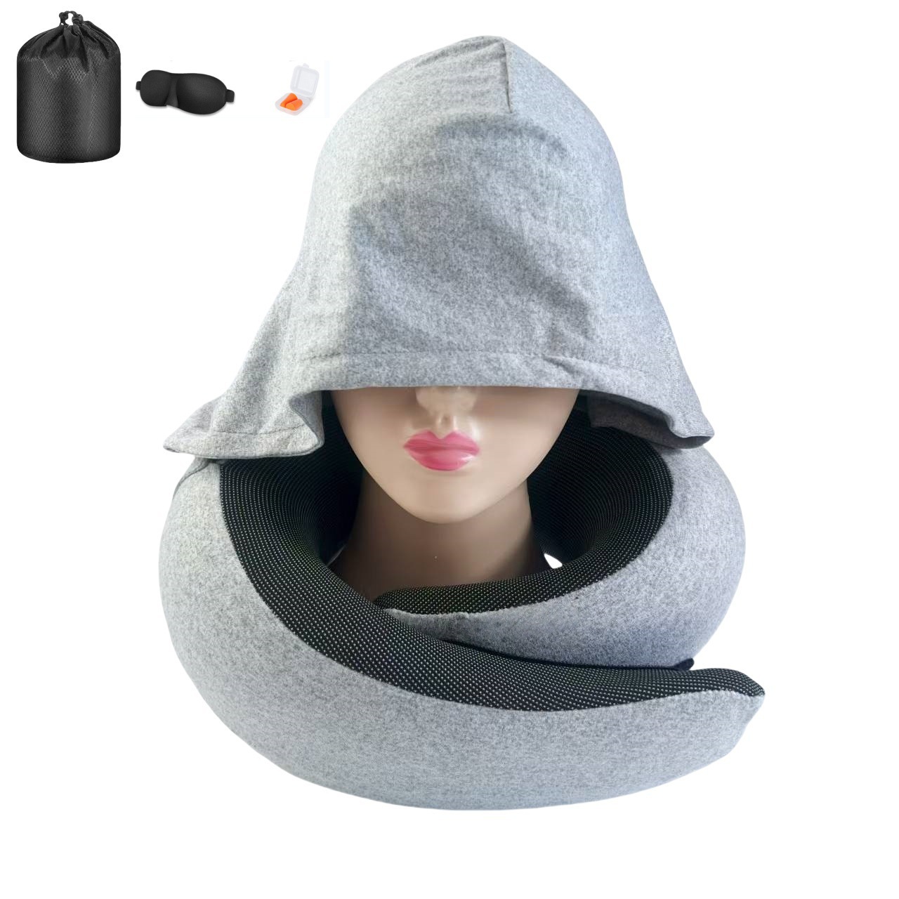 2 in 1 comfort set u shape pillow with hood & inflatable lumbar pillow | travel neck support, back relief, polyester satin cover