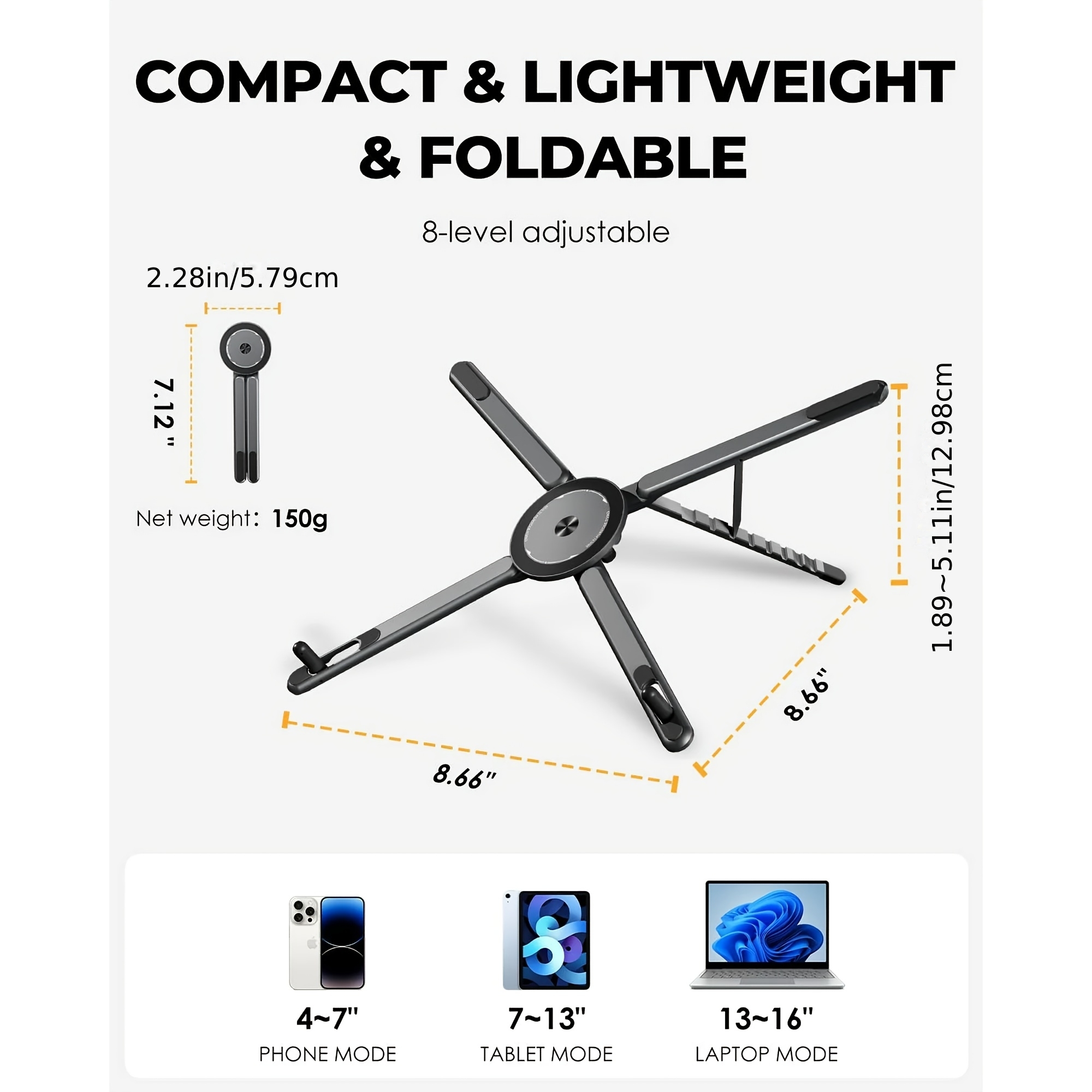 1pc 3 in 1 foldable adjustable height magnetic stand | suitable for phones, tablets, laptops, and computers, compatible with iphone/type c android connectors, offers 8 height adjustment settings, portable desktop holder, laptop desk, aluminum alloy