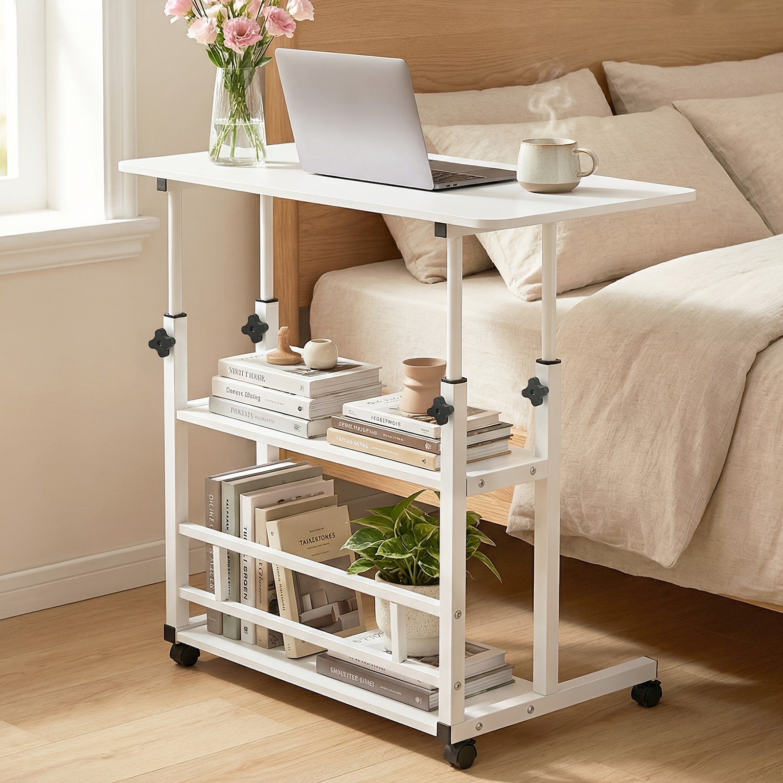 adjustable height standing desk, mobile desk with universal wheels, double layer storage, stable and comfortable, 40 x 80cm study table, sturdy and durable, easy to assemble, suitable for home office