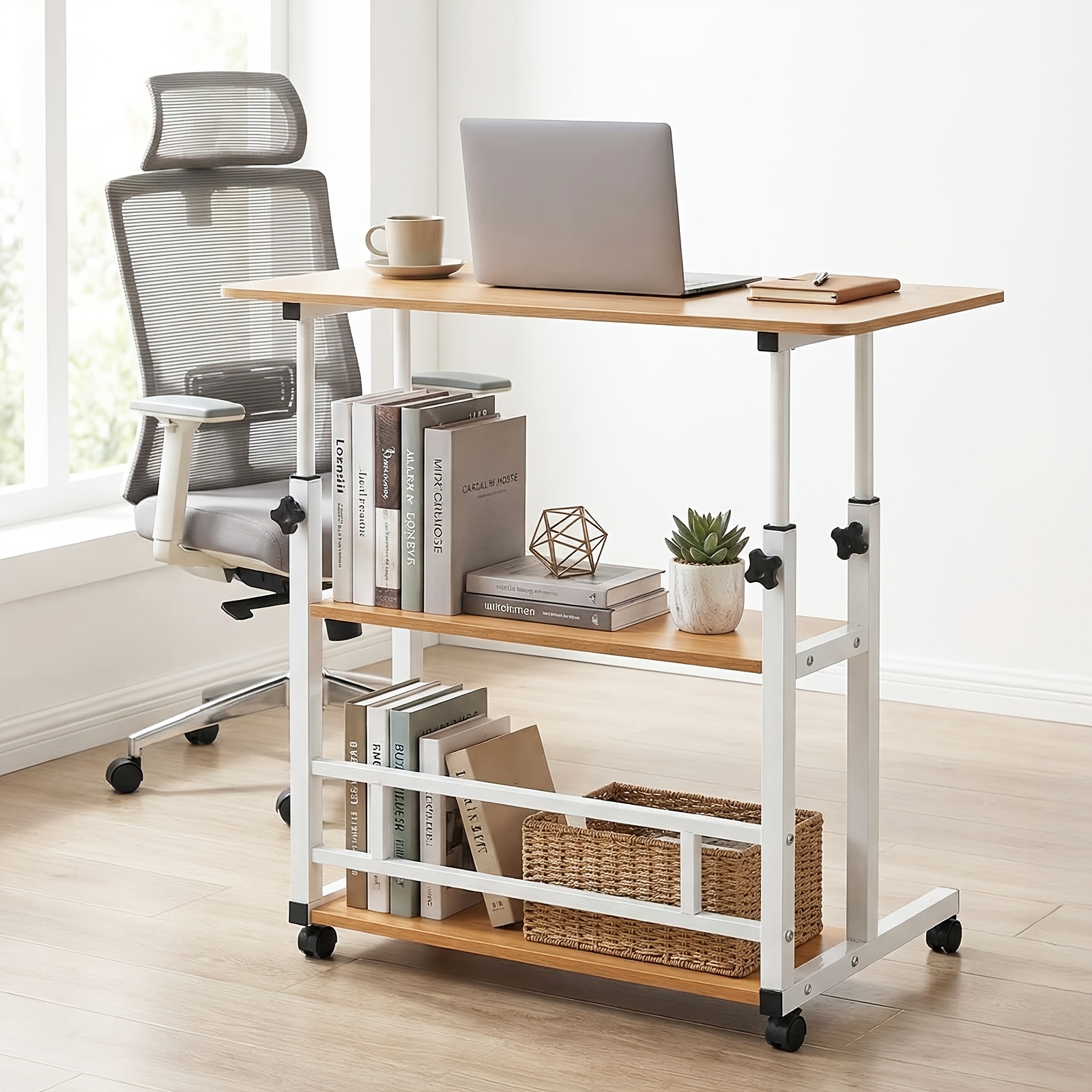 adjustable height standing desk, mobile desk with universal wheels, double layer storage, stable and comfortable, 40 x 80cm study table, sturdy and durable, easy to assemble, suitable for home office