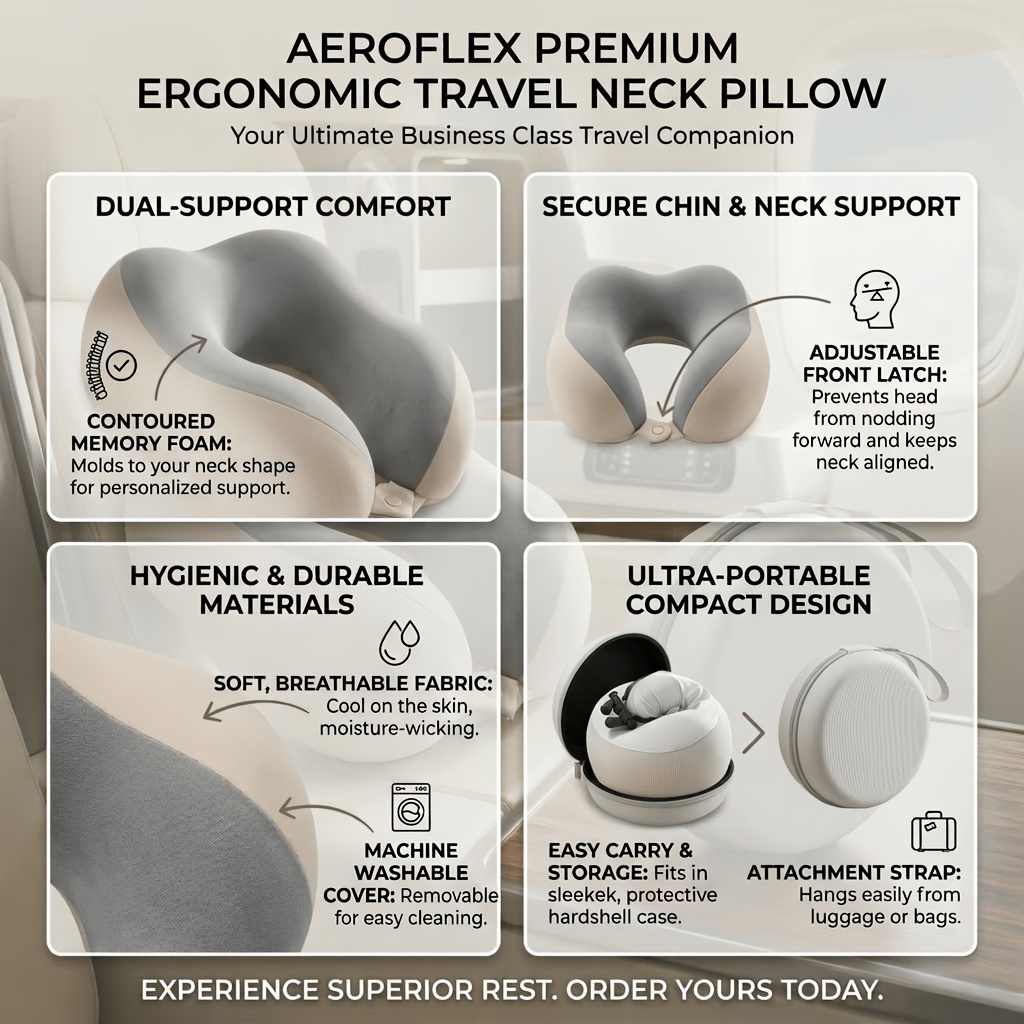 1 comfortable u shaped neck pillow with storage box travel, nap, and office neck pillow featuring slow rebound support, machine washable cover. a lightweight travel neck pillow designed for easy portability, compact for convenient storage